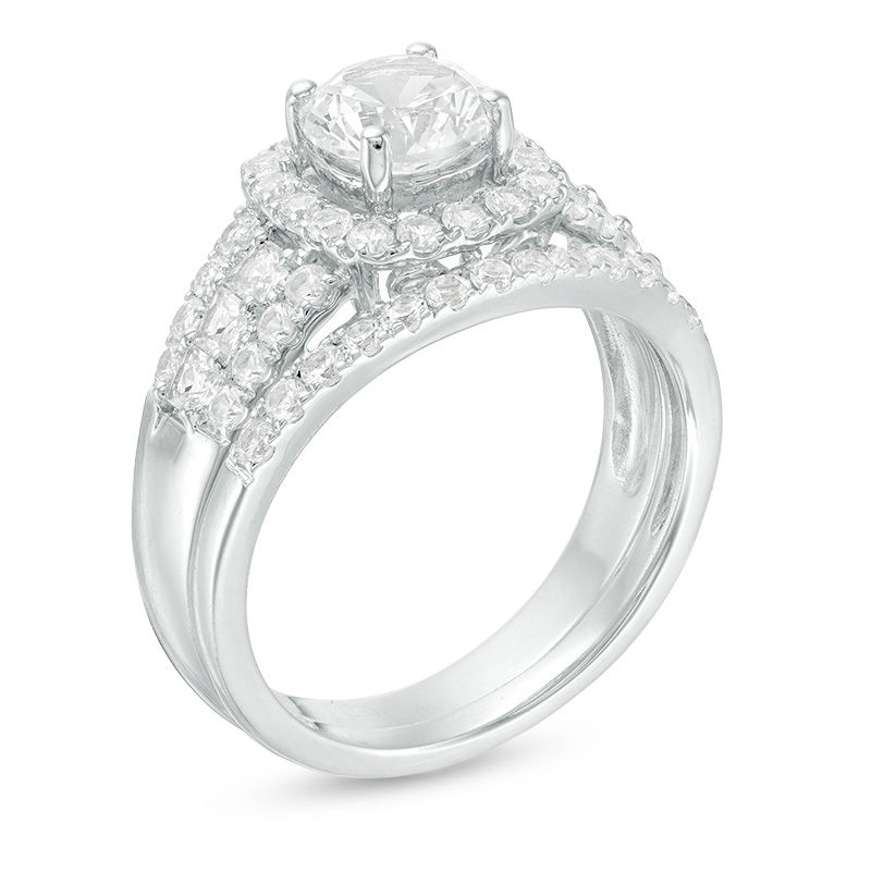 Main Image 3 of 6.5mm Lab-Created White Sapphire Cushion Frame Triple Row Bridal Set in Sterling Silver