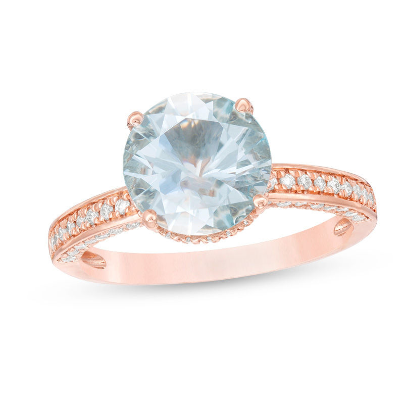 Main Image 1 of 9.0mm Aquamarine and 1/2 CT. T.W. Diamond Engagement Ring in 14K Rose Gold
