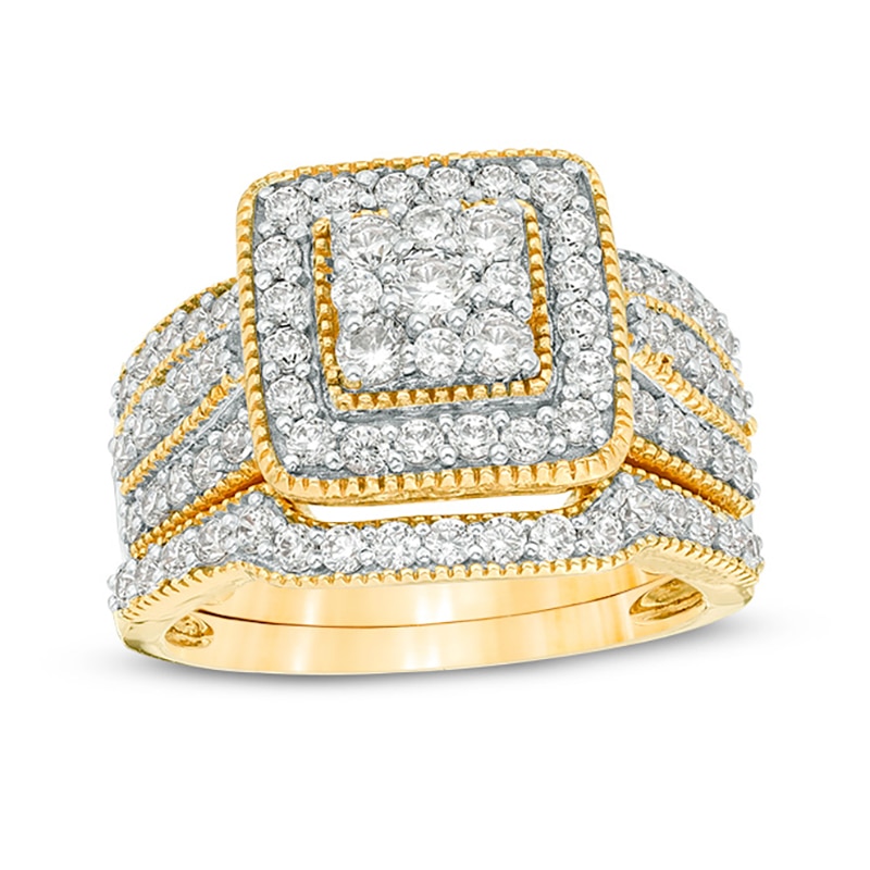 1-1/4 CT. T.W. Multi-Diamond Square Frame Vintage-Style Multi-Row Bridal Set in 10K Gold