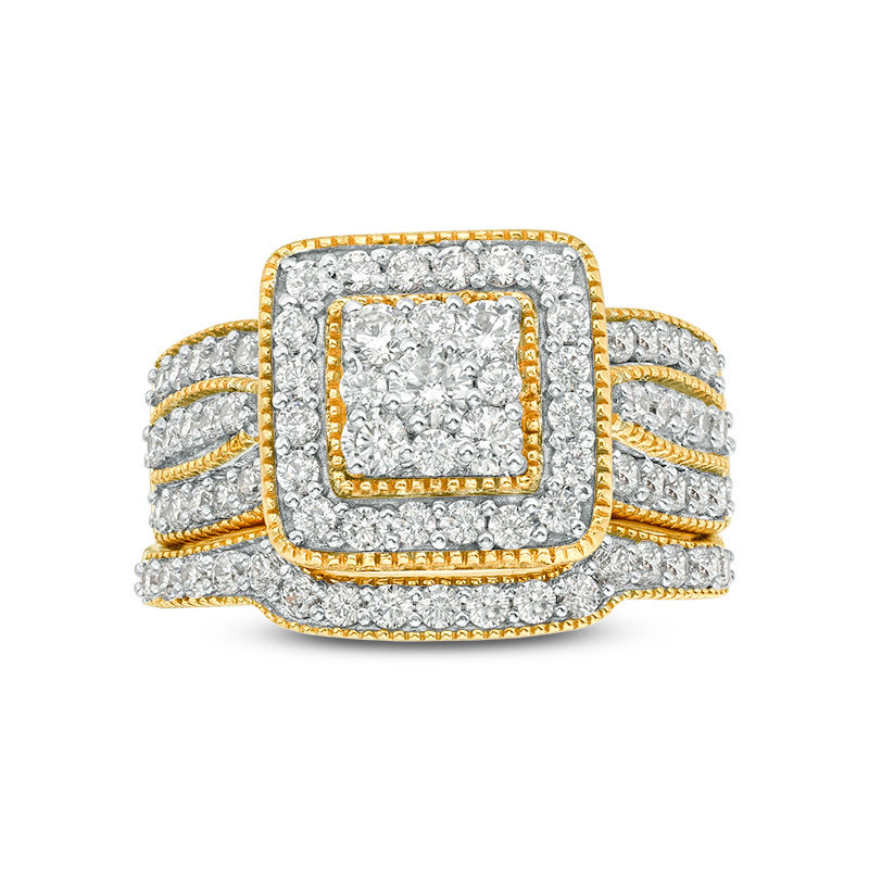 1-1/4 CT. T.W. Multi-Diamond Square Frame Vintage-Style Multi-Row Bridal Set in 10K Gold