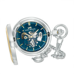 Men's James Michael Two-Tone Pocket Watch with Blue Skeleton Dial (Model: PMA181044C)