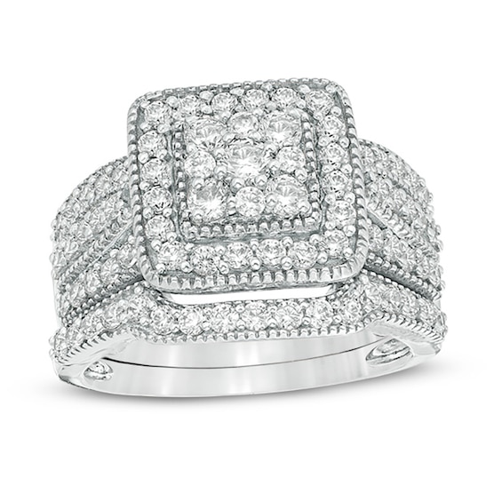 1-1/4 CT. T.w. Multi-Diamond Square Frame Vintage-Style Multi-Row Bridal Set in 10K White Gold