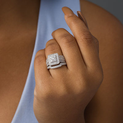 Champagne Diamond 10k White Gold Halo Engagement Ring Bridal Vintage Bridal Set 
