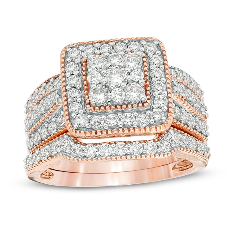 1-1/4 CT. T.W. Multi-Diamond Square Frame Vintage-Style Multi-Row Bridal Set in 10K Rose Gold