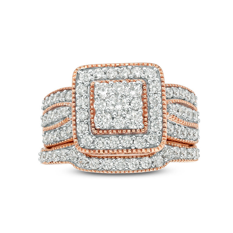 1-1/4 CT. T.W. Multi-Diamond Square Frame Vintage-Style Multi-Row Bridal Set in 10K Rose Gold