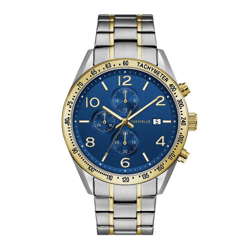Men's Caravelle by Bulova Chronograph Two-Tone Watch with Blue Dial (Model: 45B152)