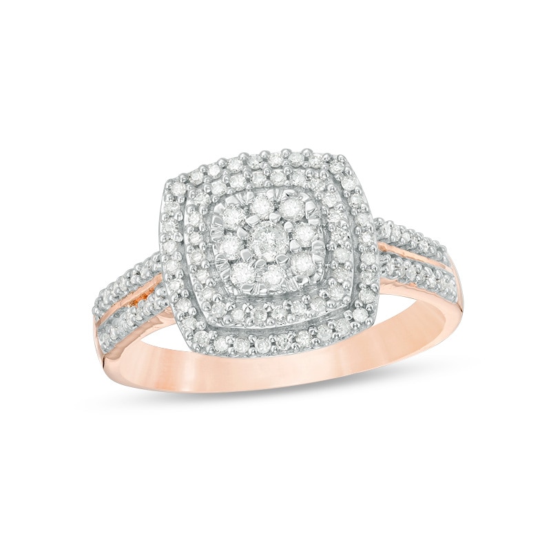 Main Image 1 of 3/8 CT. T.W. Cushion Multi-Diamond Double Frame Ring in 10K Rose Gold
