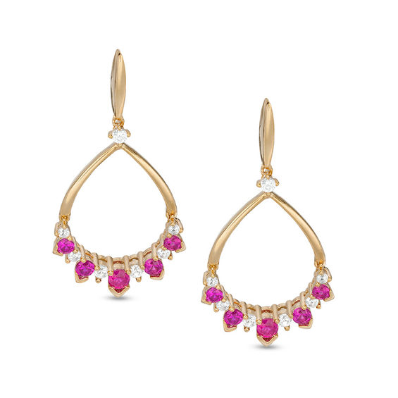 Graduated Lab-Created Ruby and White Sapphire Five Stone Teardrop Earrings in Sterling Silver with 14K Gold Plate