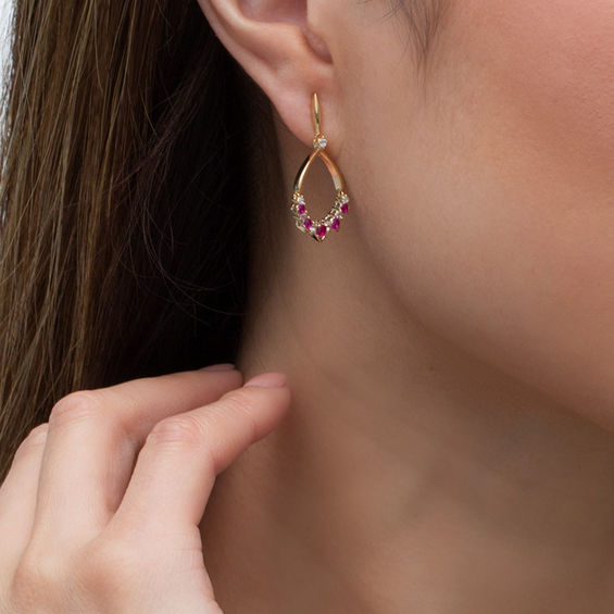 Graduated Lab-Created Ruby and White Sapphire Five Stone Teardrop Earrings in Sterling Silver with 14K Gold Plate