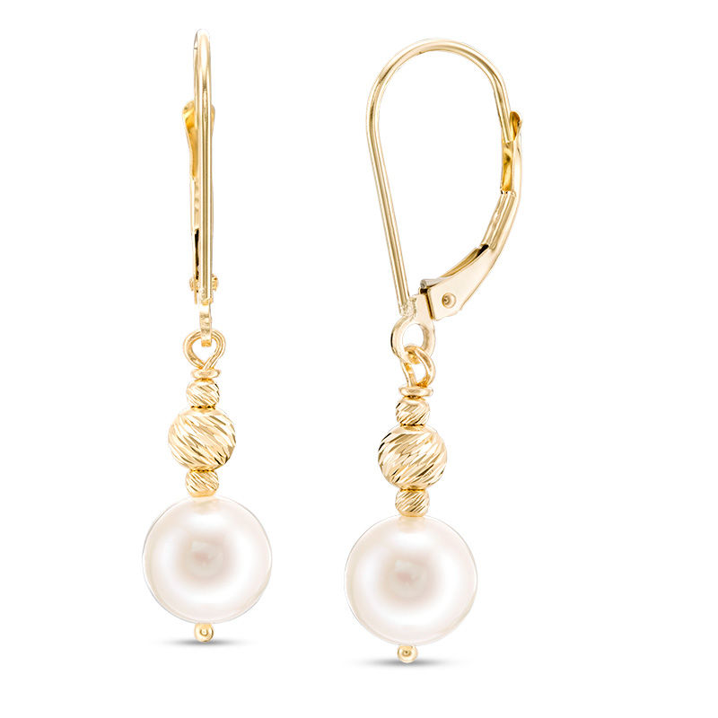 Main Image 1 of 7.5-8.0mm Freshwater Cultured Pearl and Brilliance Bead Drop Earrings in 10K Gold