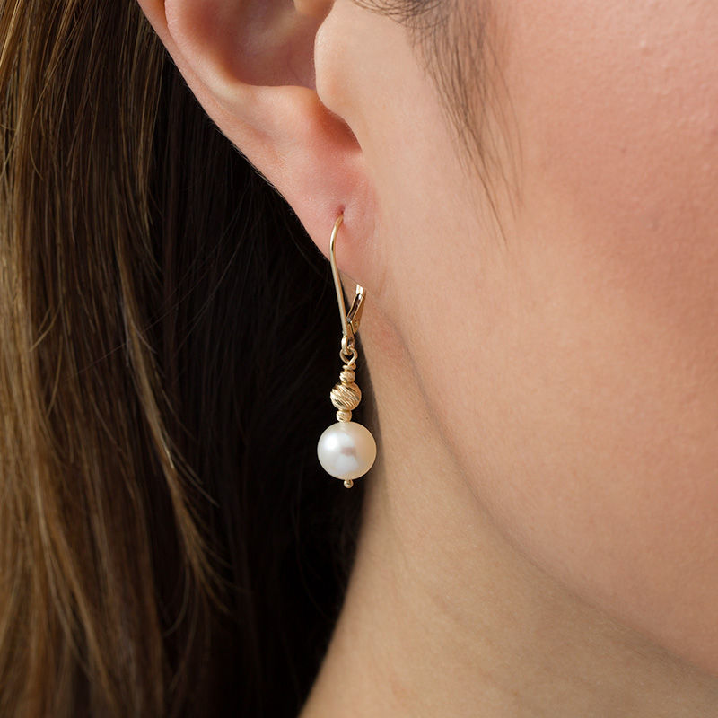 Main Image 2 of 7.5-8.0mm Freshwater Cultured Pearl and Brilliance Bead Drop Earrings in 10K Gold