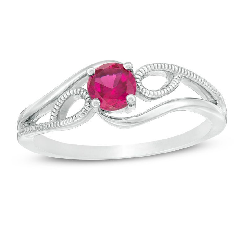 Main Image 1 of 4.0mm Lab-Created Ruby Solitaire Textured Loop Bypass Split Shank Promise Ring in Sterling Silver