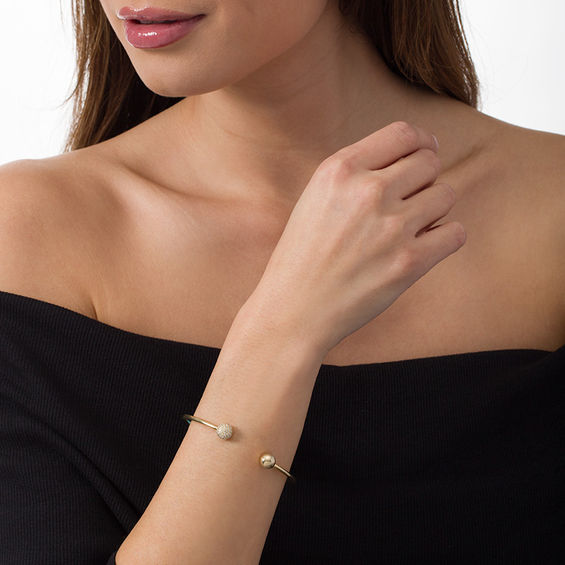 3/8 CT. T.w. Diamond and Polished Ball Open Bangle in 10K Gold - 7.5"