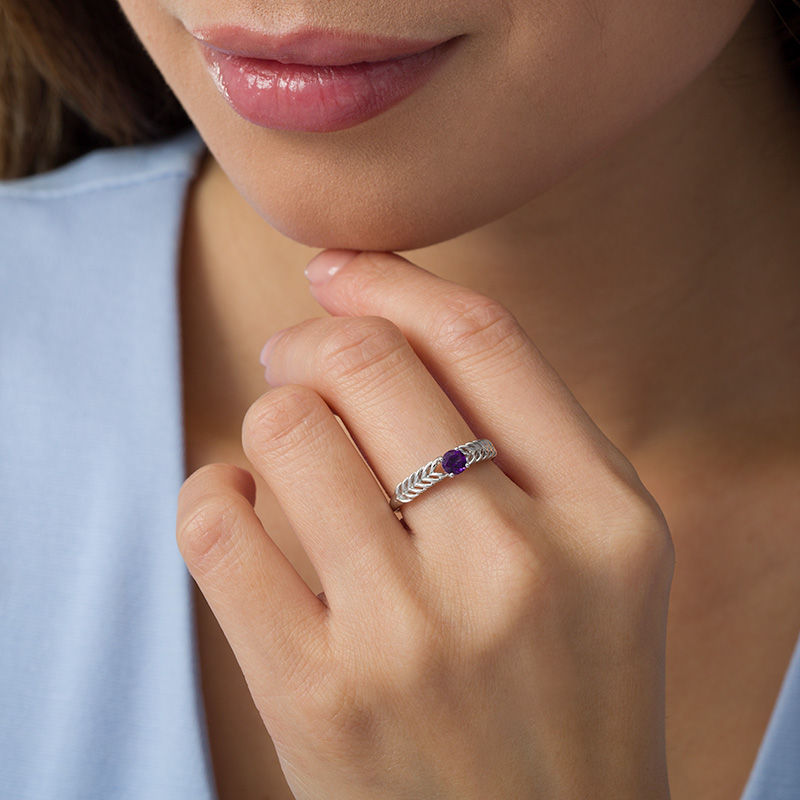 Main Image 2 of 4.0mm Amethyst Solitaire Laurel Leaf Shank Promise Ring in Sterling Silver