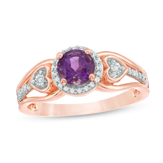 5.0mm Amethyst and 1/10 CT. T.w. Diamond Frame Heart Side Accent Split Shank Promise Ring in 10K Rose Gold