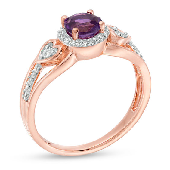 5.0mm Amethyst and 1/10 CT. T.w. Diamond Frame Heart Side Accent Split Shank Promise Ring in 10K Rose Gold