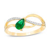 Thumbnail Image 1 of Pear-Shaped Lab-Created Emerald and 1/20 CT. T.W. Diamond Wave Ribbon Split Shank Promise Ring in 10K Gold