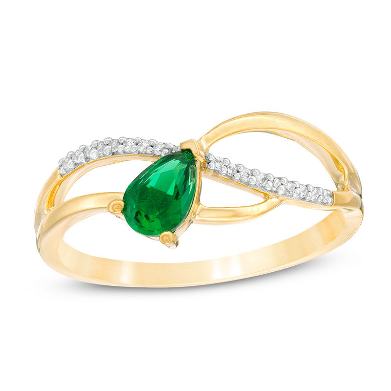 Main Image 1 of Pear-Shaped Lab-Created Emerald and 1/20 CT. T.W. Diamond Wave Ribbon Split Shank Promise Ring in 10K Gold