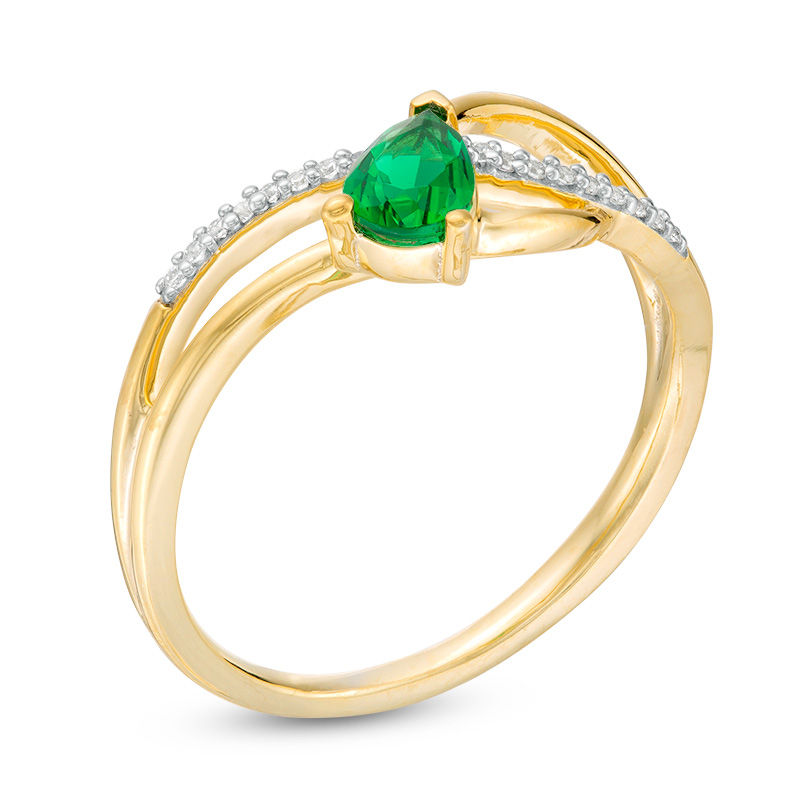 Main Image 3 of Pear-Shaped Lab-Created Emerald and 1/20 CT. T.W. Diamond Wave Ribbon Split Shank Promise Ring in 10K Gold