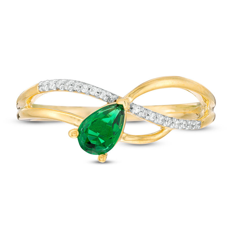 Main Image 4 of Pear-Shaped Lab-Created Emerald and 1/20 CT. T.W. Diamond Wave Ribbon Split Shank Promise Ring in 10K Gold