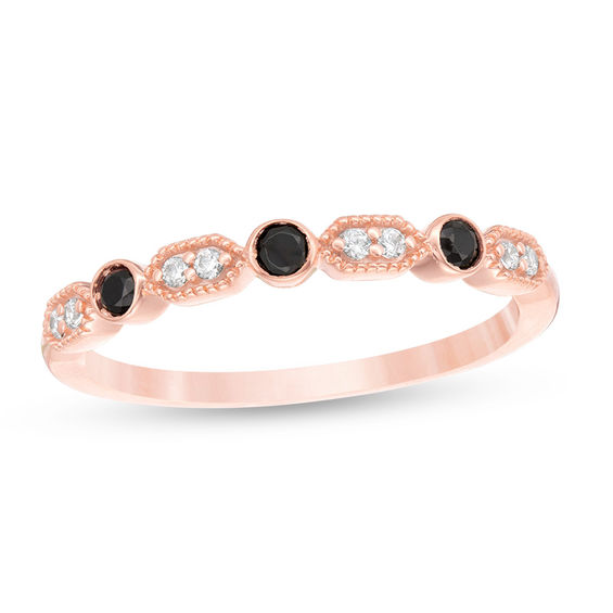 1/6 CT. T.w. Enhanced Black and White Diamond Alternating Geometric Vintage-Style Stackable Band in 10K Rose Gold