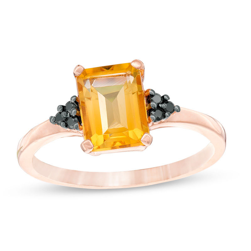 Emerald-Cut Citrine and 1/20 CT. T.W. Black Diamond Tri-Sides Promise Ring in 10K Rose Gold