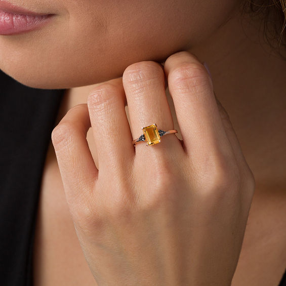 Emerald-Cut Citrine and 1/20 CT. T.w. Black Diamond Tri-Sides Promise Ring in 10K Rose Gold