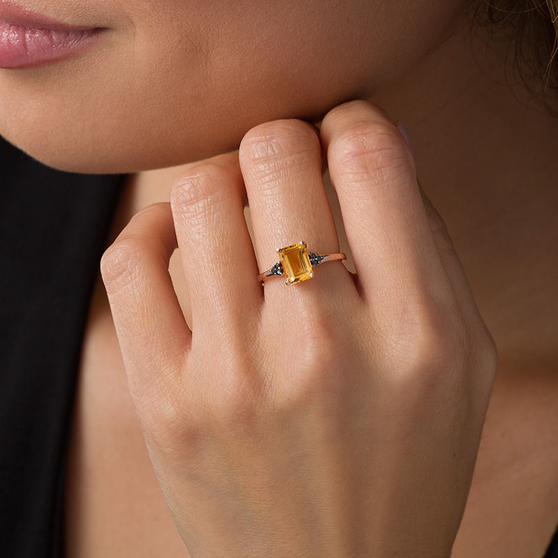 Emerald-Cut Citrine and 1/20 CT. T.W. Black Diamond Tri-Sides Promise Ring in 10K Rose Gold