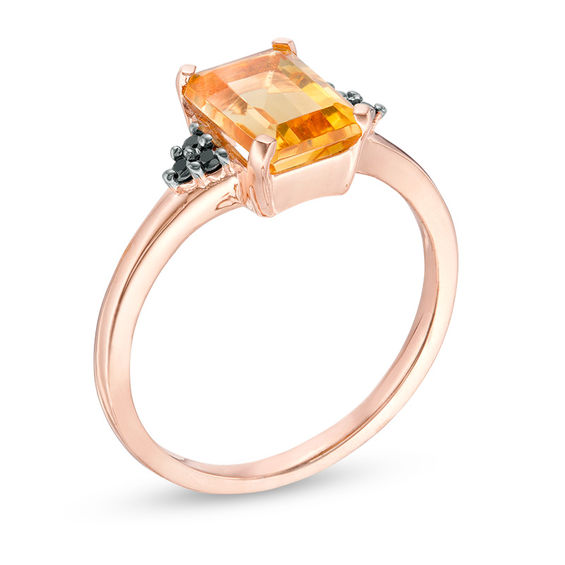 Emerald-Cut Citrine and 1/20 CT. T.w. Black Diamond Tri-Sides Promise Ring in 10K Rose Gold
