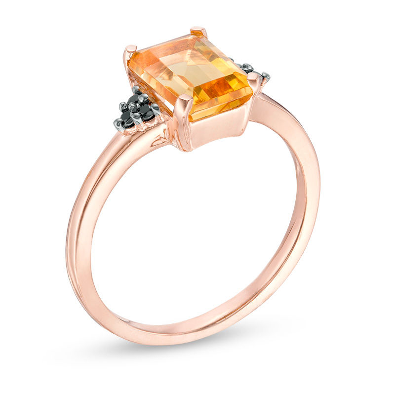 Emerald-Cut Citrine and 1/20 CT. T.W. Black Diamond Tri-Sides Promise Ring in 10K Rose Gold