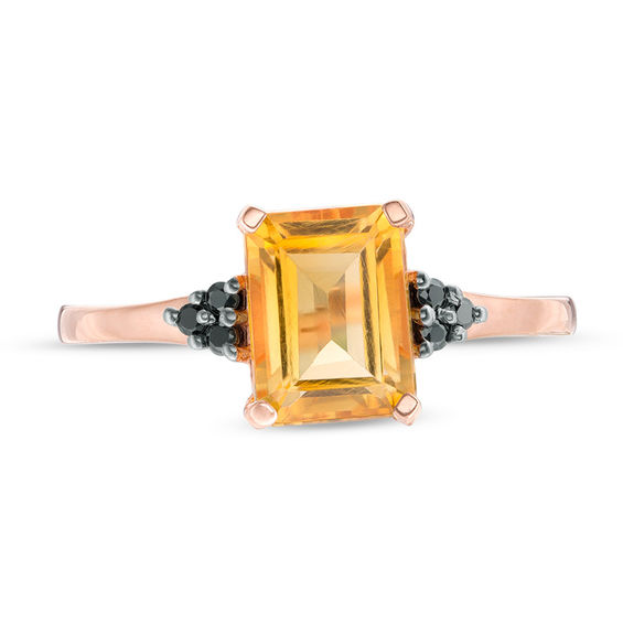 Emerald-Cut Citrine and 1/20 CT. T.w. Black Diamond Tri-Sides Promise Ring in 10K Rose Gold