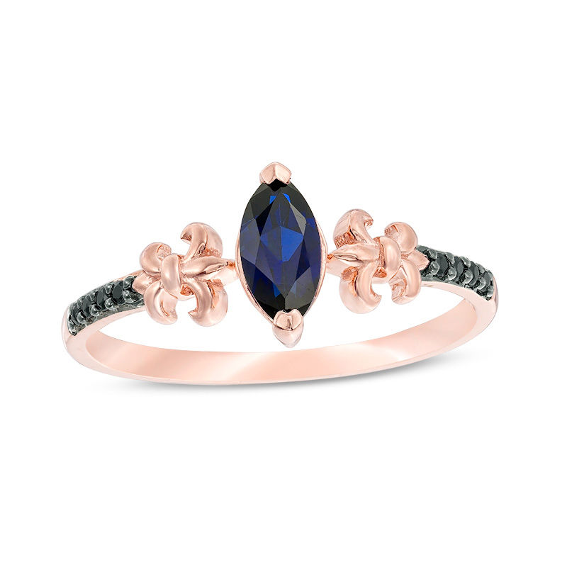 Main Image 1 of Marquise Lab-Created Blue Sapphire and 1/20 CT. T.W. Black Diamond Fleur-de-Lis Promise Ring in 10K Rose Gold