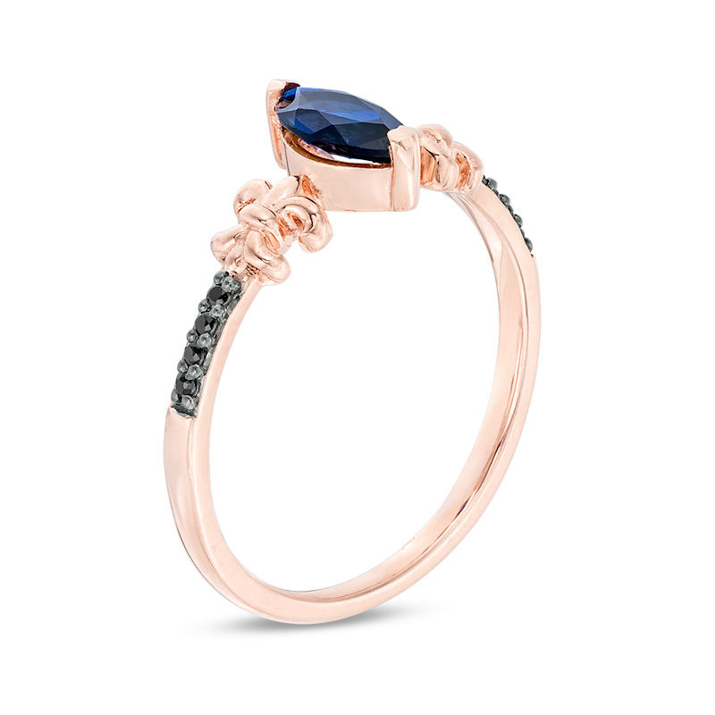 Marquise Lab-Created Blue Sapphire and 1/20 CT. T.W. Black Diamond Fleur-de-Lis Promise Ring in 10K Rose Gold