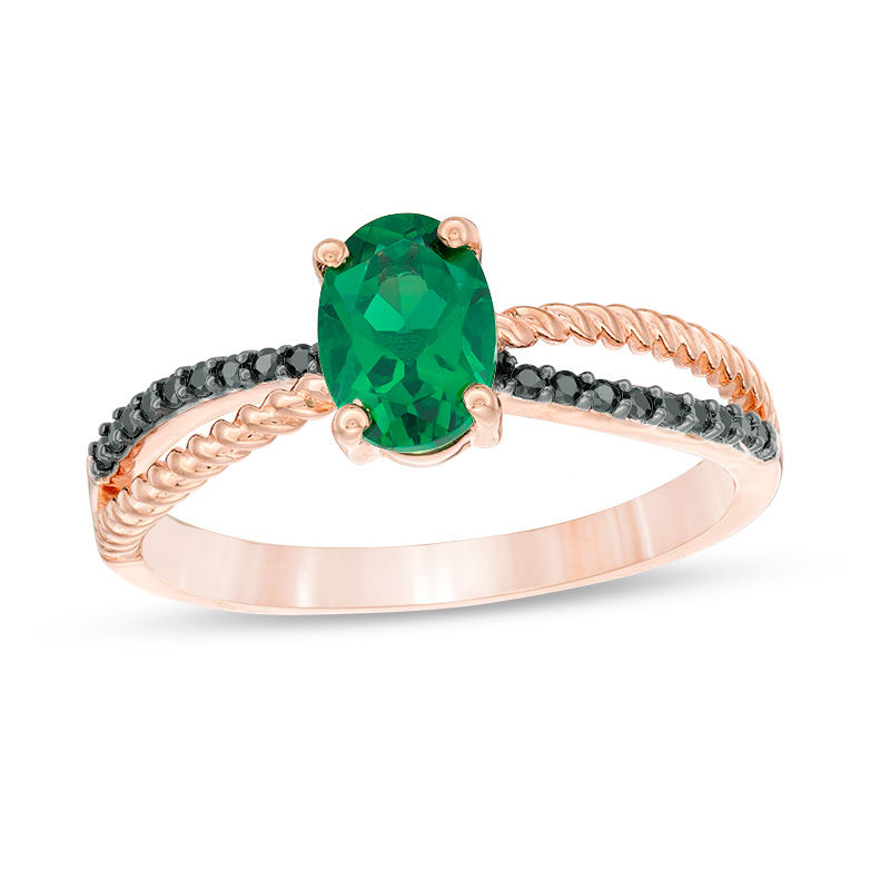 Oval Lab-Created Emerald and 1/15 CT. T.W. Black Diamond Rope Crossover Shank Promise Ring in 10K Rose Gold
