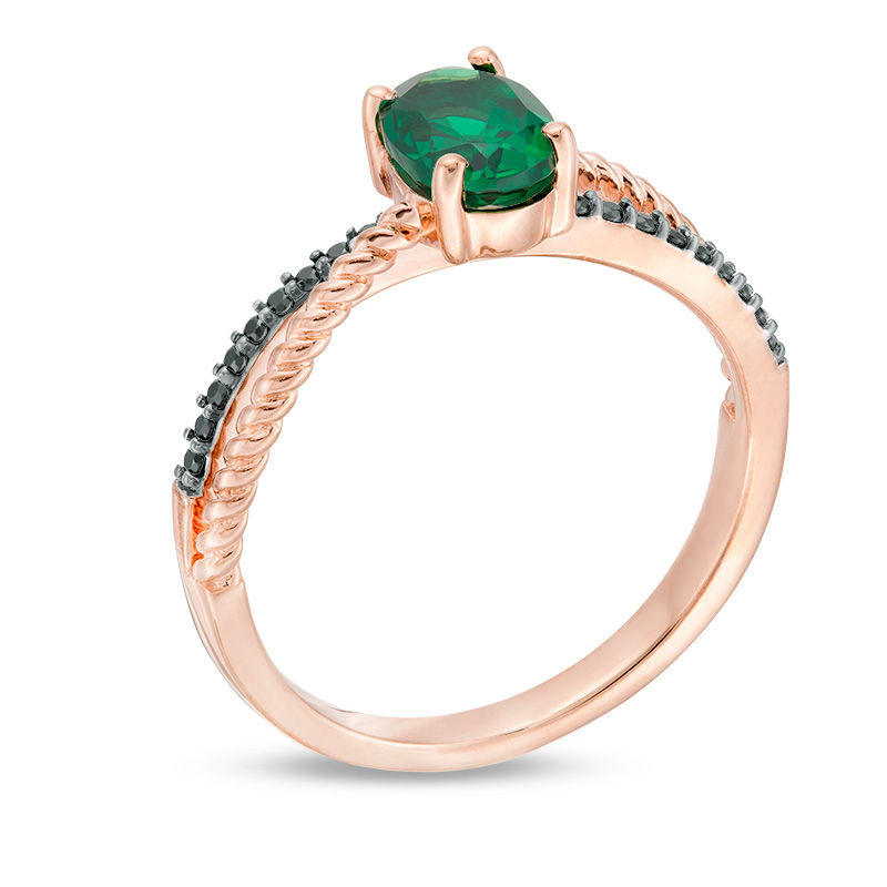 Oval Lab-Created Emerald and 1/15 CT. T.W. Black Diamond Rope Crossover Shank Promise Ring in 10K Rose Gold