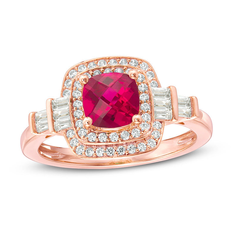 Cushion-Cut Lab-Created Ruby and White Sapphire Double Frame Art Deco Ring in Sterling Silver with 14K Rose Gold Plate