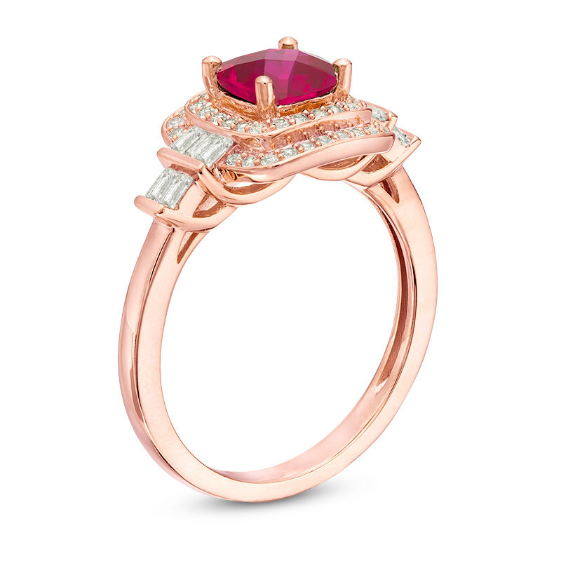 Cushion-Cut Lab-Created Ruby and White Sapphire Double Frame Art Deco Ring in Sterling Silver with 14K Rose Gold Plate