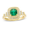Thumbnail Image 1 of Cushion-Shaped Lab-Created Emerald and White Sapphire Double Frame Art Deco Ring in Sterling Silver with 14K Gold Plate