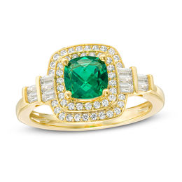 Cushion-Shaped Lab-Created Emerald and White Sapphire Double Frame Art Deco Ring in Sterling Silver with 14K Gold Plate