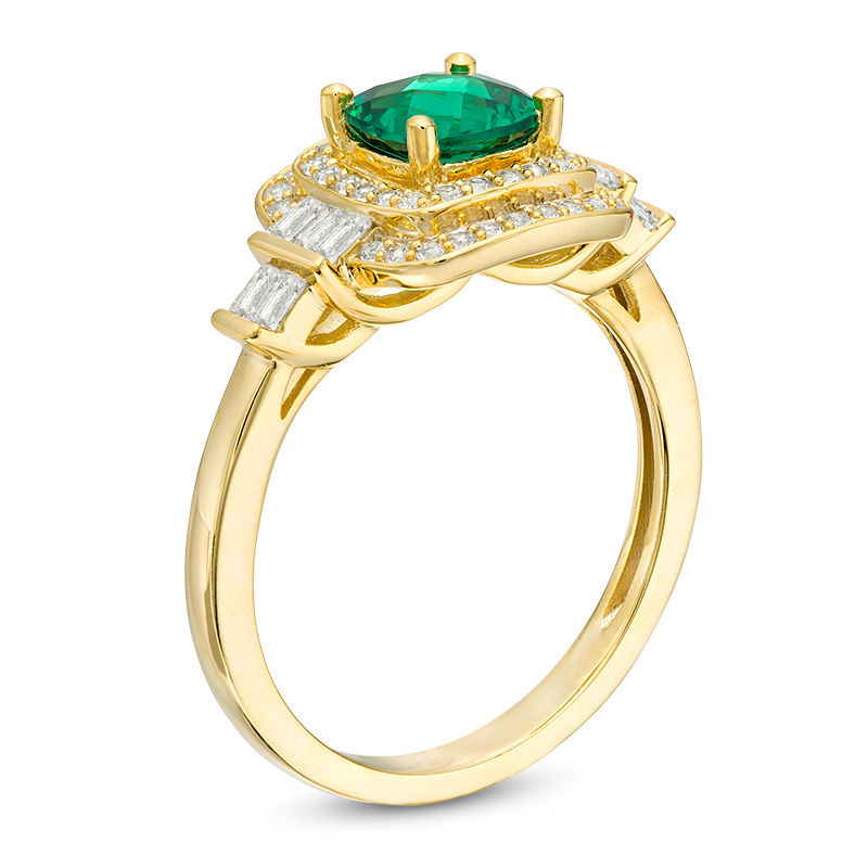Main Image 2 of Cushion-Shaped Lab-Created Emerald and White Sapphire Double Frame Art Deco Ring in Sterling Silver with 14K Gold Plate