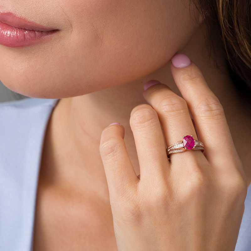 Oval Lab-Created Ruby and White Sapphire Multi-Row Ring in Sterling Silver with 14K Rose Gold Plate