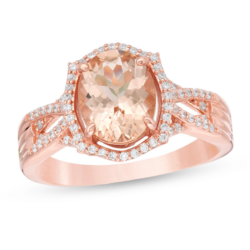 Main Image 1 of Oval Morganite and 1/4 CT. T.W. Diamond Ornate Frame Multi-Row Crossover Ring in 10K Rose Gold