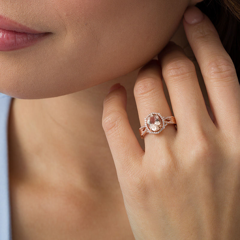 Main Image 2 of Oval Morganite and 1/4 CT. T.W. Diamond Ornate Frame Multi-Row Crossover Ring in 10K Rose Gold