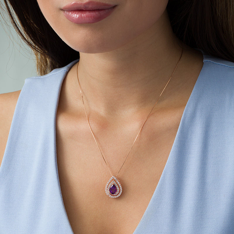 Main Image 2 of Pear-Shaped Amethyst and Lab-Created White Sapphire Swirl Frame Drop Pendant in Sterling Silver with 14K Rose Gold Plate
