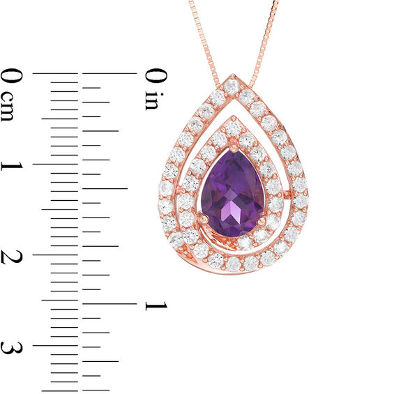Pear-Shaped Amethyst and Lab-Created White Sapphire Swirl Frame Drop Pendant in Sterling Silver with 14K Rose Gold Plate