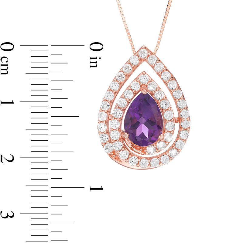 Main Image 3 of Pear-Shaped Amethyst and Lab-Created White Sapphire Swirl Frame Drop Pendant in Sterling Silver with 14K Rose Gold Plate