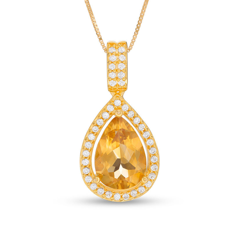 Main Image 1 of Pear-Shaped Citrine and Lab-Created White Sapphire Frame Drop Pendant in Sterling Silver with 14K Gold Plate