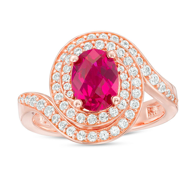Oval Lab-Created Ruby and White Sapphire Bypass Frame Ring in Sterling Silver with 14K Rose Gold Plate