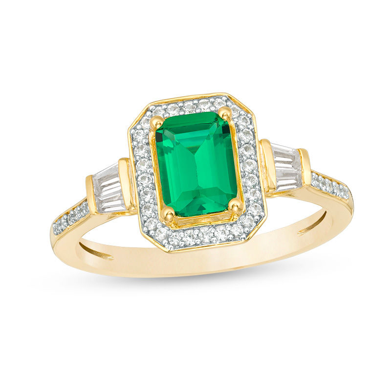 Emerald-Cut Lab-Created Emerald and 1/4 CT. T.W. Diamond Frame Ring in 10K Gold