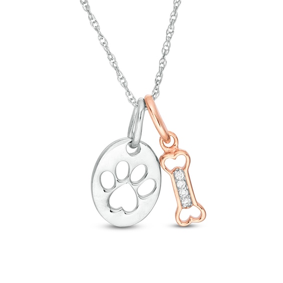 Diamond Accent Dog Bone and Paw Print Disc Pendant in Sterling Silver and 10K Rose Gold